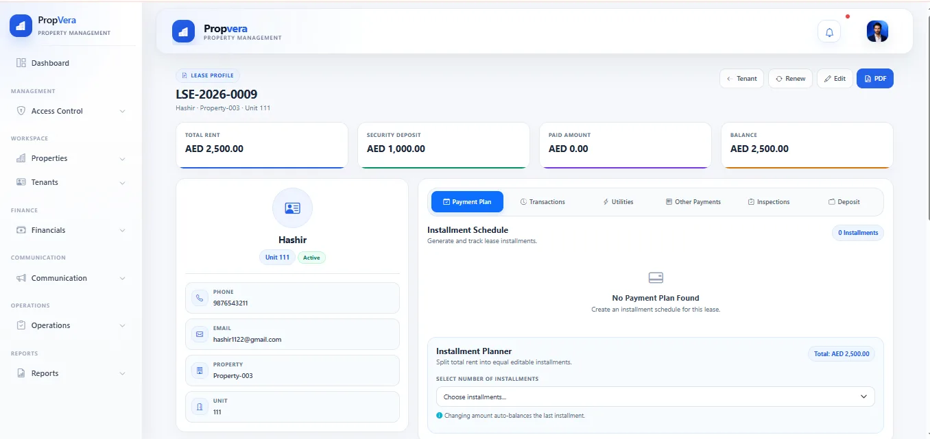 PropVera lease profile screenshot